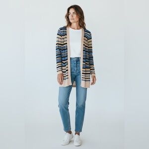 Loft Italian Yarn Open Front Cardigan Tan & Blue Stripe Size Small